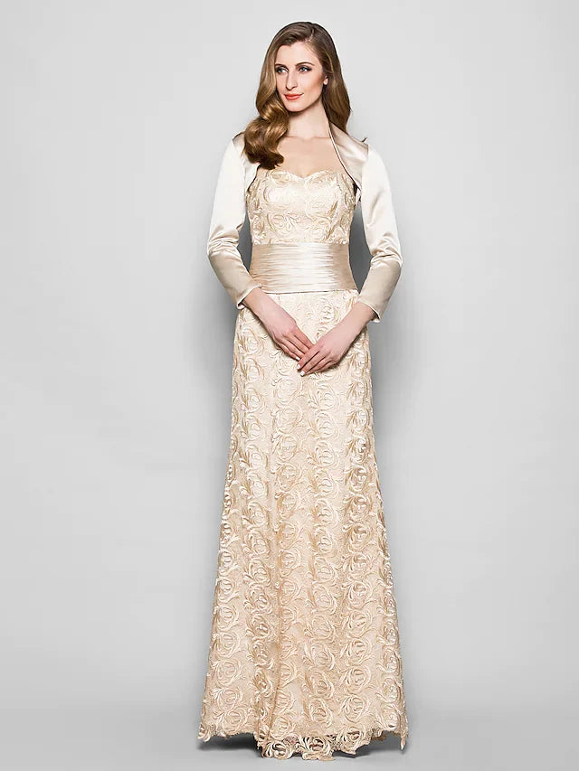Wholesale Mother of the Bride Dress Wrap Included Sweetheart Neckline Floor Length Lace Satin 3/4 Length Sleeve with Sash Ribbon Ruched